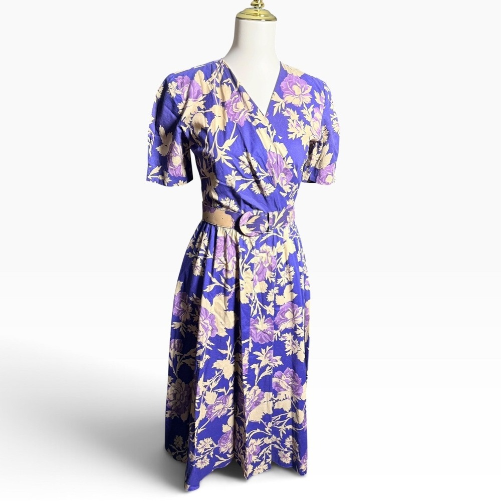 Vintage 80s Liz Claiborne Floral Cotton Belted Midi Dress Purple Blue Size 4